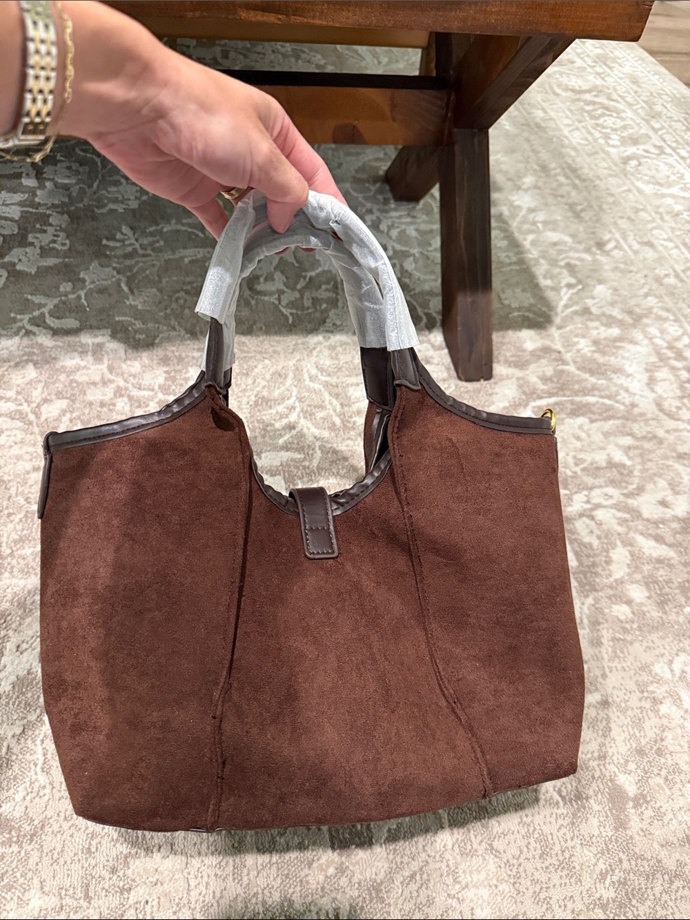 NWT Commense bintsge inspired Brown Suede Top handle tote bag Gold Hardware - Picture 4 of 13